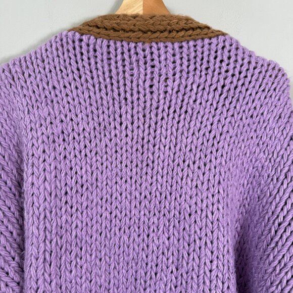 FRNCH Lorene Violet Camel Cardigan Sweater Women's Medium Chunky Knit Open Front - Picture 12 of 15